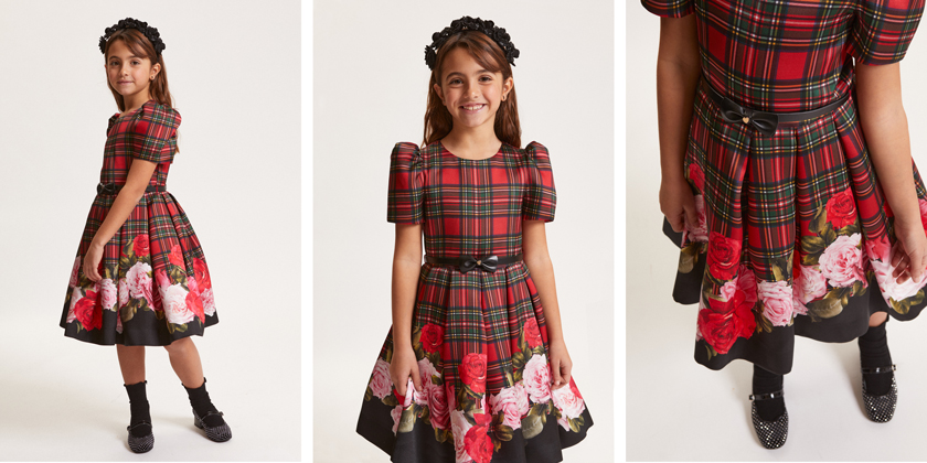 Elegancka sukienka świąteczna dla dziewczynki w szkocką kratę i kwiaty, Monnalisa 71F900